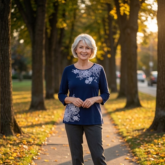 Alfred Dunner Tops - Alfred Dunner navy blue top featuring prominent white floral embroidery